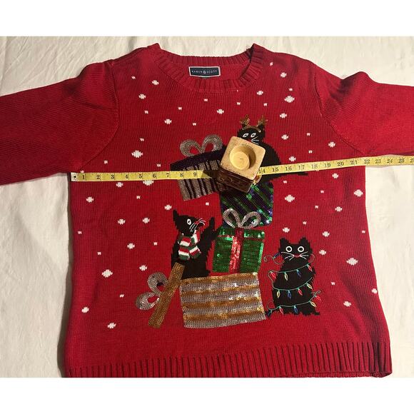 The Karen Scott black cat Christmas Tree Red Sweater 2x crew neck long sleeves - Picture 3 of 8